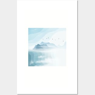 Blue Cloudy Mountainscape Digital Illustration Posters and Art